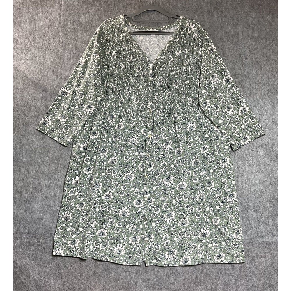 J. Jill Dress Womens Plus 2X Green Floral Smocked Midi Button Front Cottage